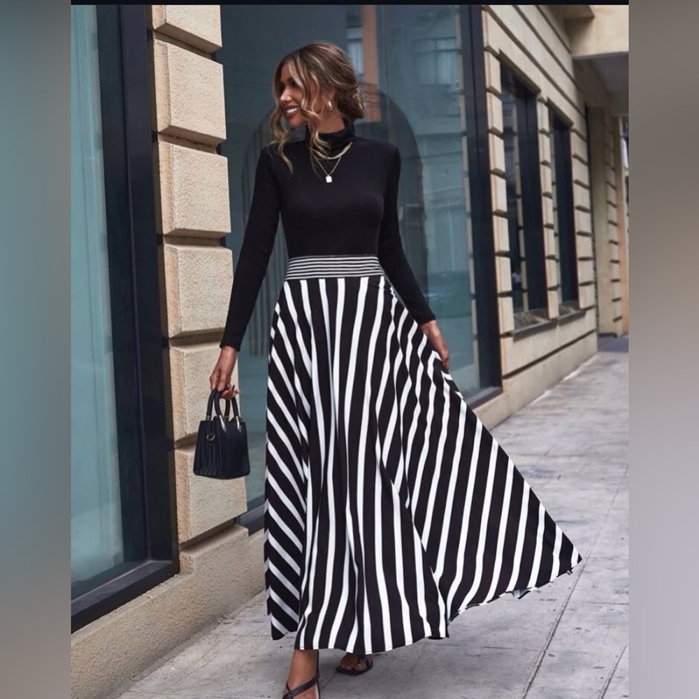 Elegant Black & White Striped Maxi Skirt - Picture 2 of 5